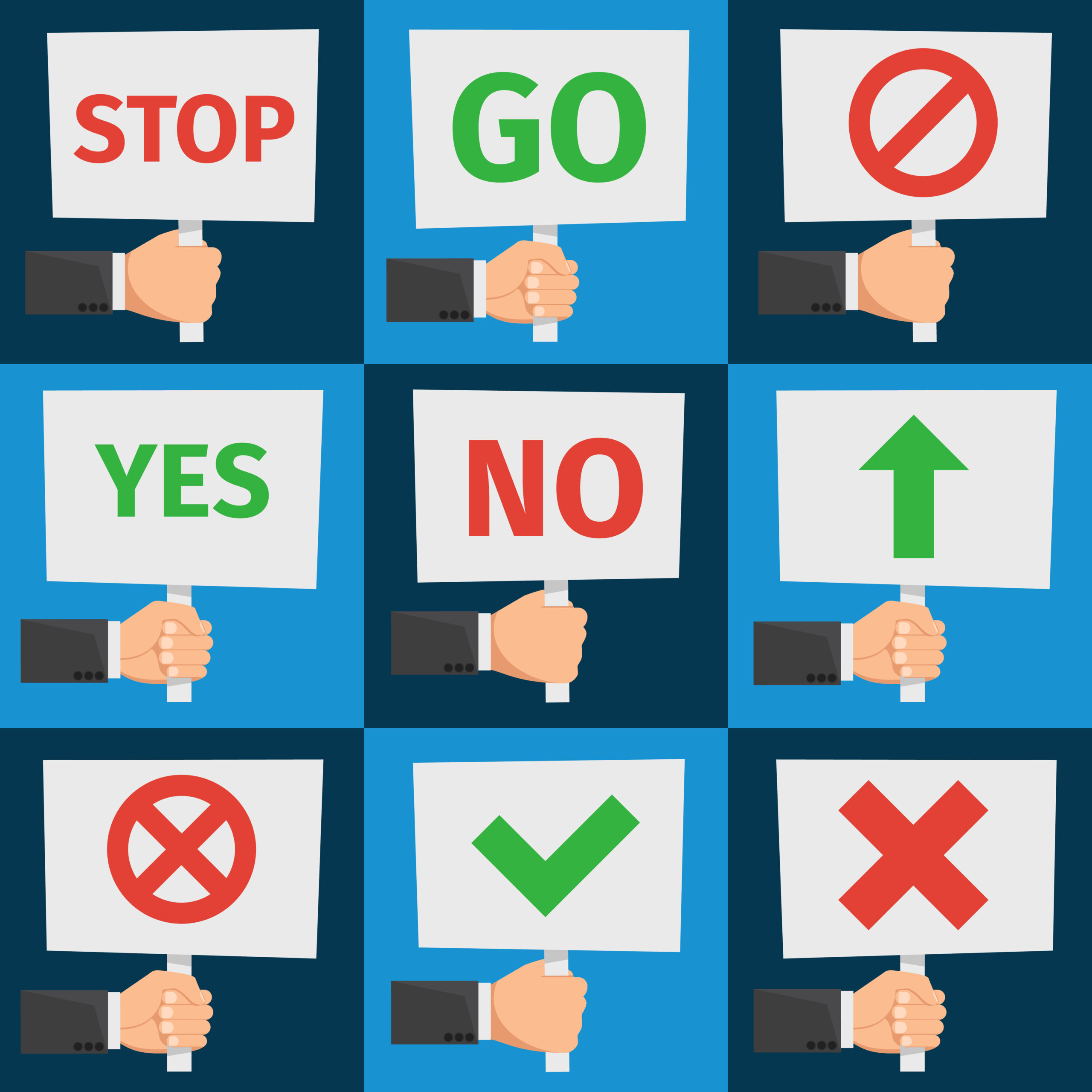 Hands holding protest sign and approval signs in flat style vector